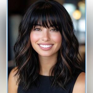 14” Black Mixed Brown Wig with Bangs Short Wavy Bob Wig Synthetic